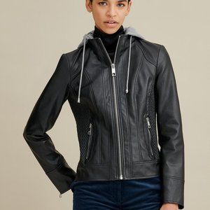 Hooded Scuba Faux-Leather Jacket